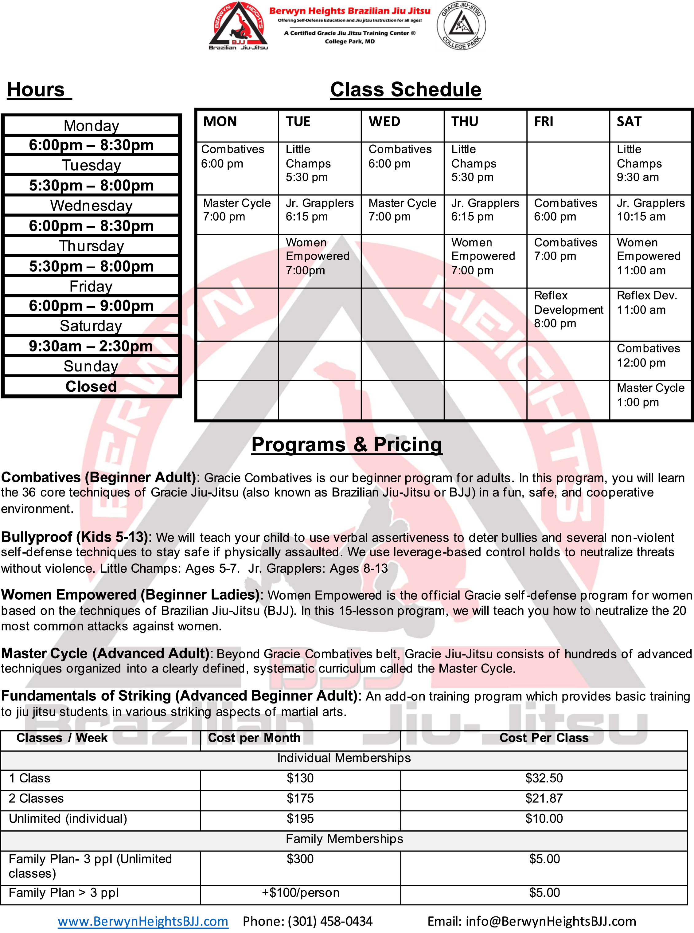 BHBJJ Class Schedule and Pricing