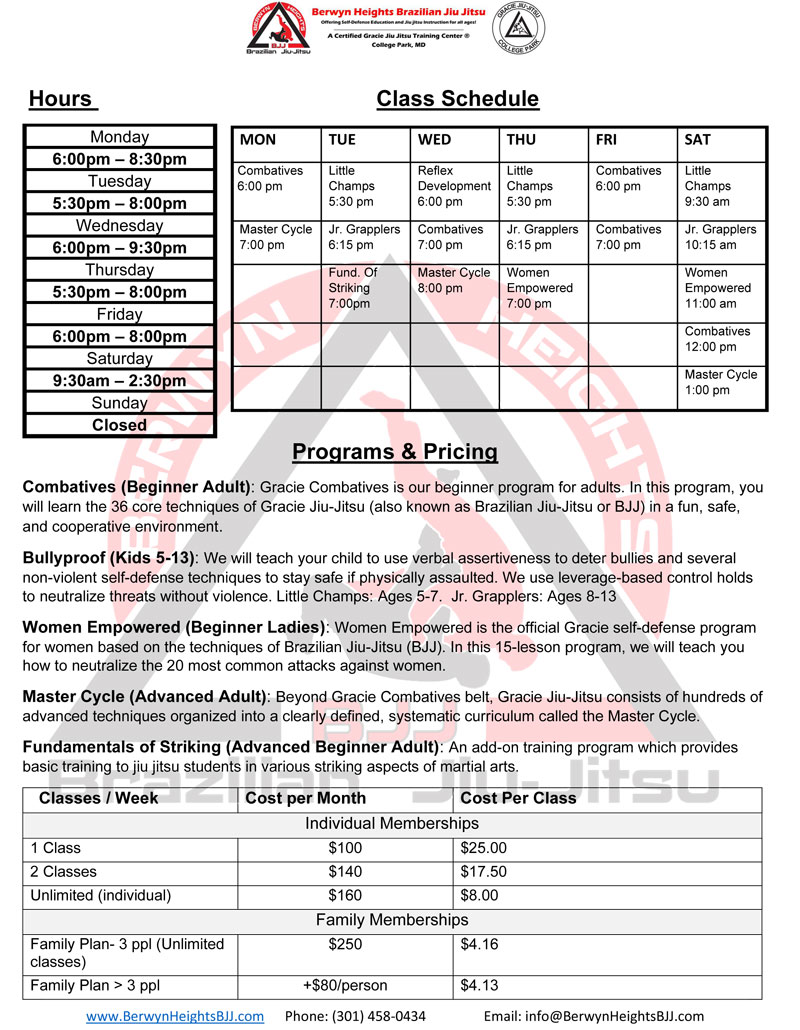 BHBJJ Class Schedule and Pricing