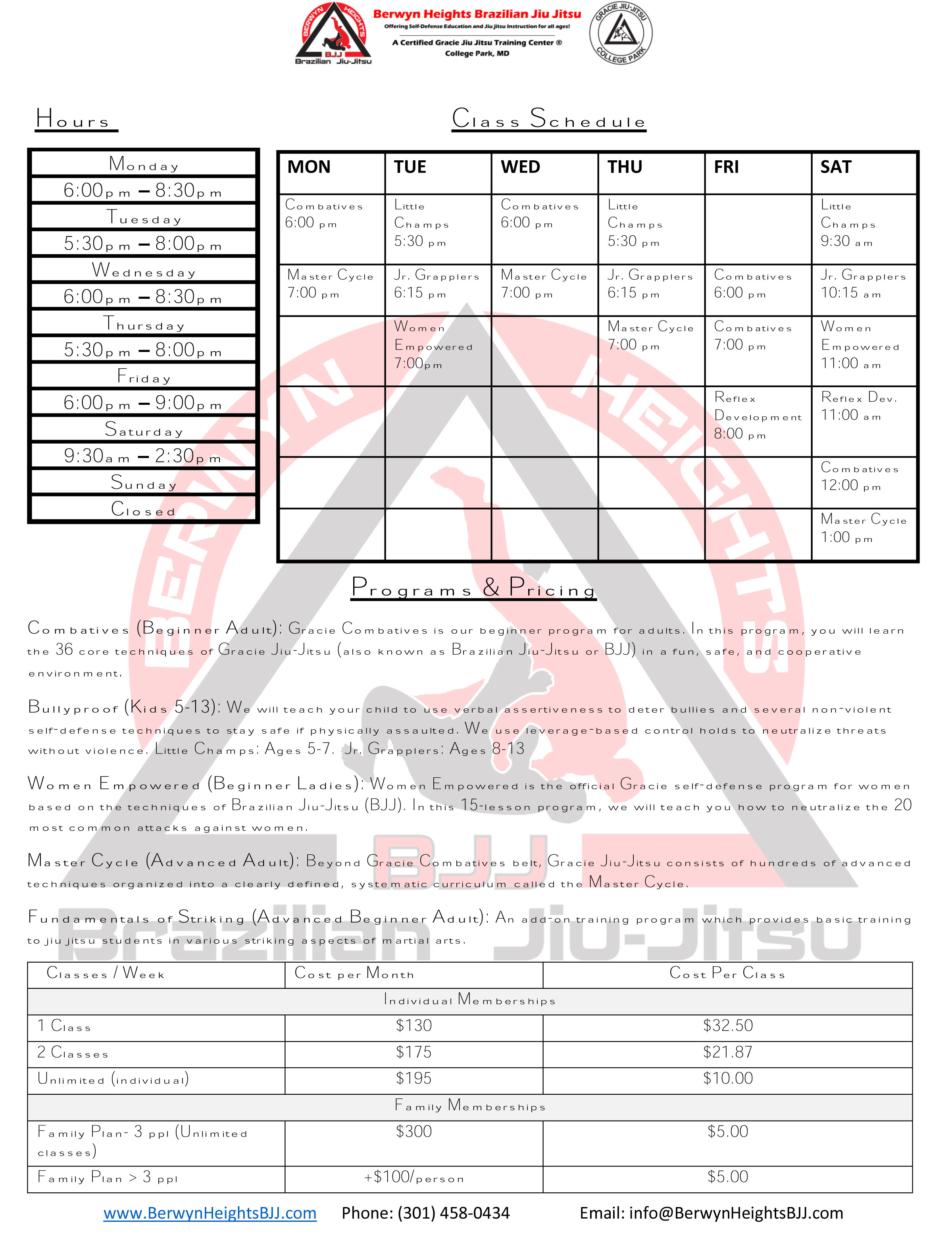 BHBJJ Class Schedule and Pricing